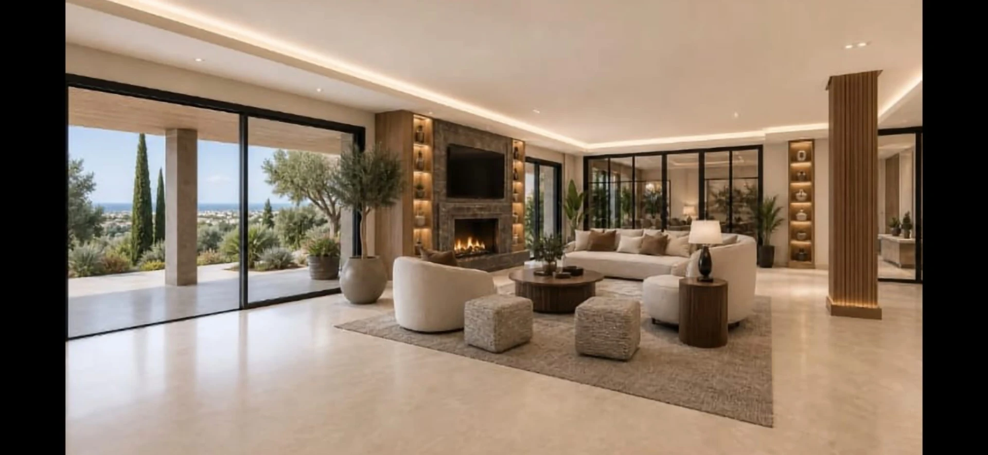 Render of the El Paraiso living space with fireplace, oak joinery and sea views