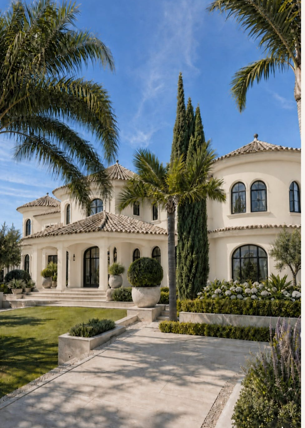 Render of the El Paraiso villa entrance with landscaped path, palms and cypress