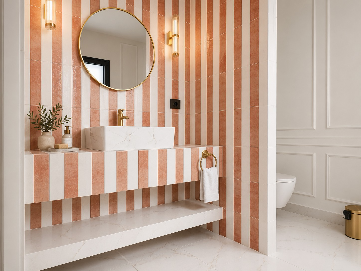 Boutique hotel bathroom with striped tiles, marble basin and brass fittings