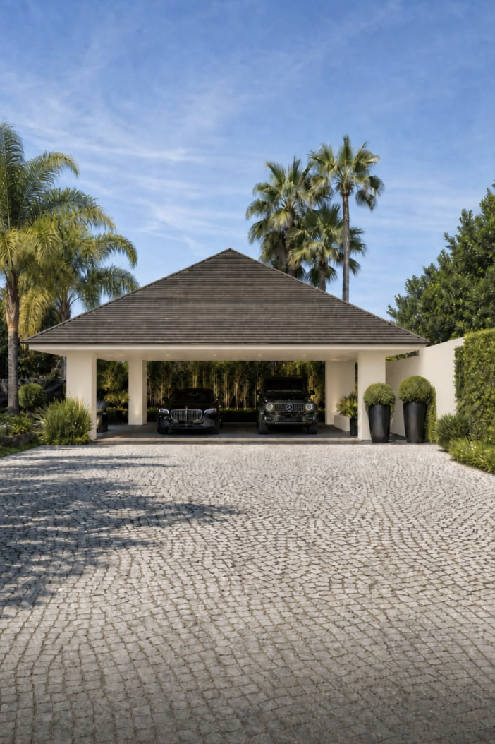 Render of the covered parking and cobbled driveway at the El Paraiso villa