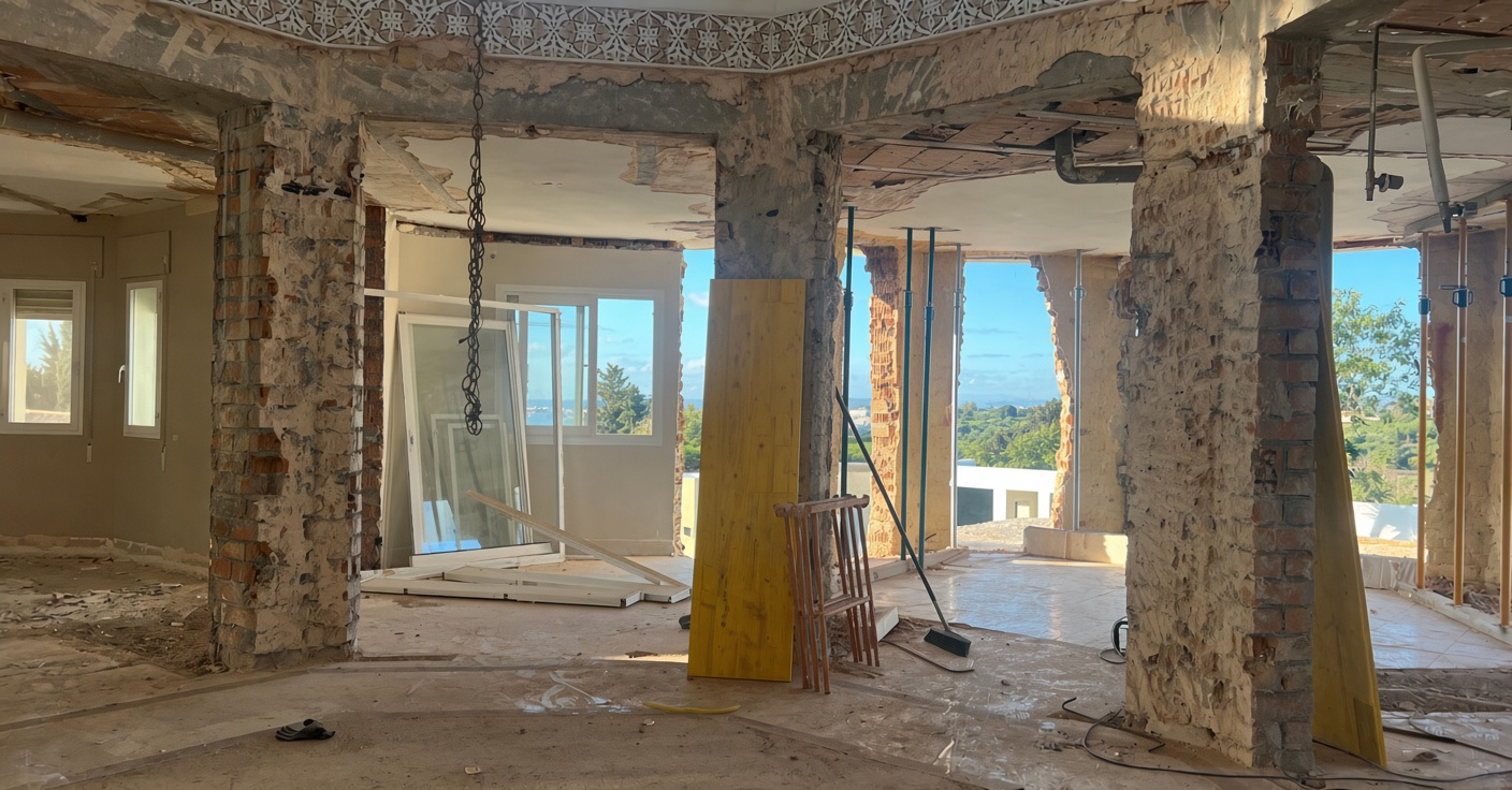 Villa interior taken back to its structural columns