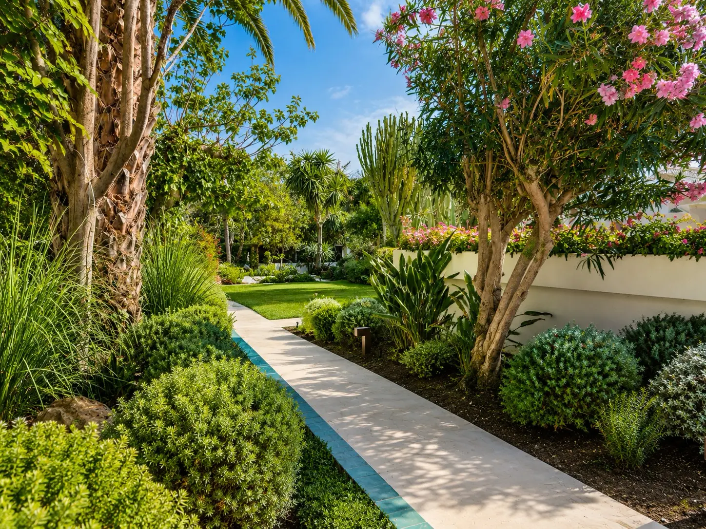 Landscaped Mediterranean garden and pathway at the boutique hotel