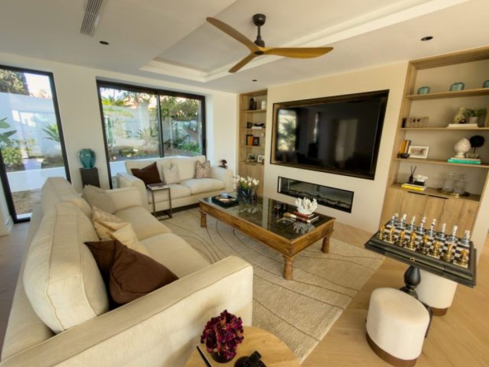 Lounge with curtains and artwork
