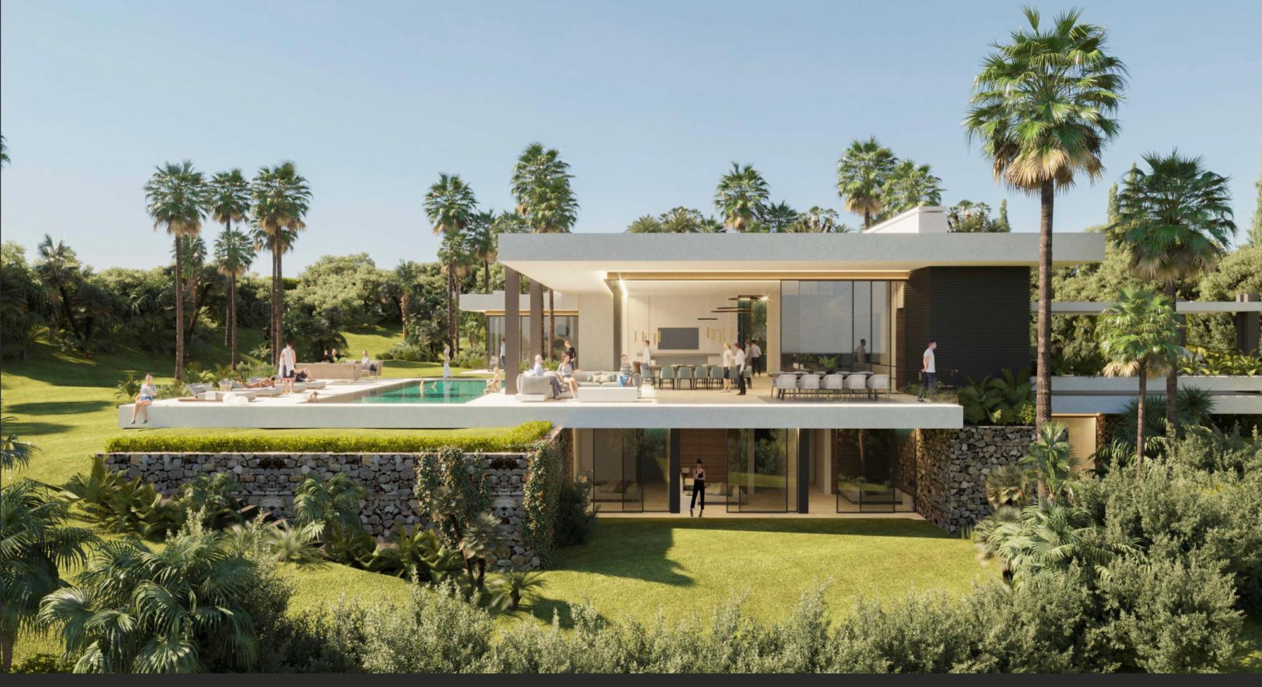 Render of the planned El Rosario villa with covered terrace, pool and landscaped gardens